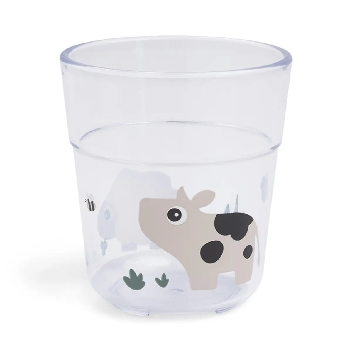 Przezroczysty kubek dla dziecka z nadrukiem krowy i roślin w kolorze piaskowym 220 ml. Done by Deer Kubek dla Dziecka Glass L 220ml Tiny Farm Sand 220 ml