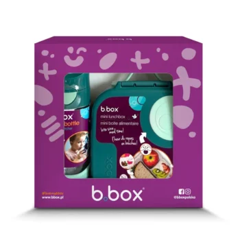 Zestaw śniadaniówka i butelka tritanowa z zielonym motywem dla dziecka. b.box Zestaw Mini Lunchbox +Butelka tritanowa ze słomką 450ml Emerald Forest
