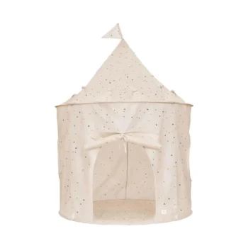 Beżowy namiot dla dzieci z materiału w drobne kolorowe plamki z daszkiem i wejściem z zawiązywaną zasłoną. 3 Sprouts Namiot dla Dzieci Recycled Terrazzo Beige