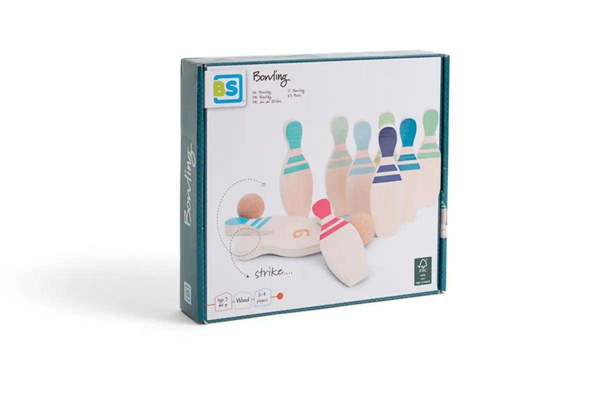 Drewniane kręgle do gry z cyframi dla dzieci kolorowe elementy edukacyjne. BS Toys drewniane kręgle Cyferki