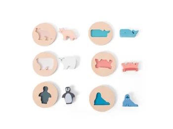 Drewniane puzzle konturowe z kształtami zwierząt morskich i lądowych dla dzieci. BS Toys Drewniane puzzle konturowe Dopasuj kształt