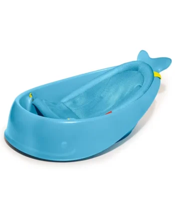 Niebieska wanienka dla niemowlaka w kształcie wieloryba z siateczkowym wkładem do kąpieli. Skip Hop Wanienka 3-etapowa Wieloryb Moby Smart Sling Blue
