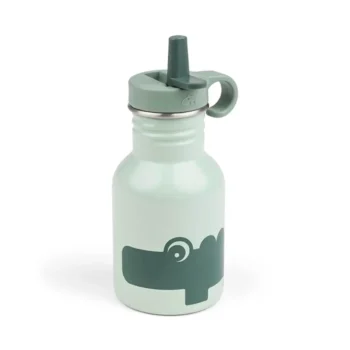 Metalowa butelka dla dziecka zielona z motywem krokodyla ze słomką 350 ml. Done by Deer Butelka Metalowa ze Słomką dla Dziecka Croco Green 350 ml