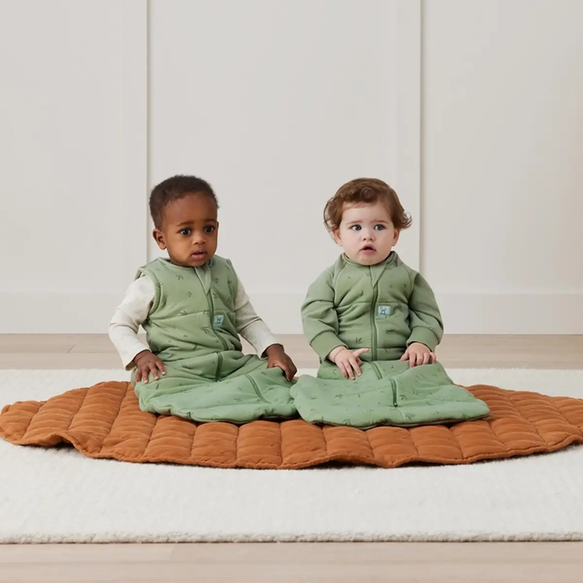 Dwa niemowlaki w zielonych śpiworkach na jasnym tle na pomarańczowym miękkim dywanie. ergoPouch Śpiworek Jersey 2.5TOG Willow – ciepły/na jesień-zimę/zimowy gruby 3-12M