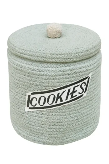 Okrągły kosz dekoracyjny na zabawki w kolorze jasnoszarym z pokrywką i napisem cookies dla dziecka. Lorena Canals Kosz dekoracyjny Cookie Jar