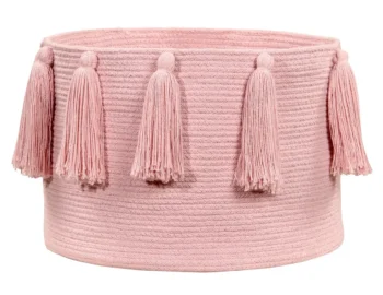 Różowy okrągły kosz dekoracyjny z frędzlami pojemnik na zabawki dla dziecka. Lorena Canals Kosz dekoracyjny Tassels Pink