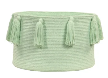 Miętowy okrągły kosz dekoracyjny z frędzlami pojemnik na zabawki dla dziecka. Lorena Canals Kosz dekoracyjny Tassels Soft Mint