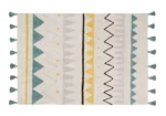 Bawełniany dywan w geometryczne wzory w kolorze naturalnym z niebieskimi i żółtymi akcentami z frędzlami na końcach 120x160cm. Lorena Canals Dywan bawełniany Azteca Natural Vintage Azul 120x160cm