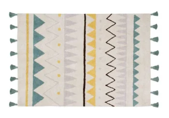 Bawełniany dywan w geometryczne wzory w kolorze naturalnym z niebieskimi i żółtymi akcentami z frędzlami na końcach 120x160cm. Lorena Canals Dywan bawełniany Azteca Natural Vintage Azul 120x160cm