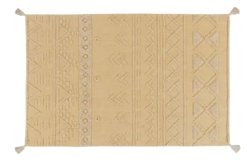 Bawełniany dywan w kolorze miodowym z geometrycznym wzorem i frędzlami na rogach 120x160 cm. Lorena Canals Dywan bawełniany Tribu Honey S 120x160cm