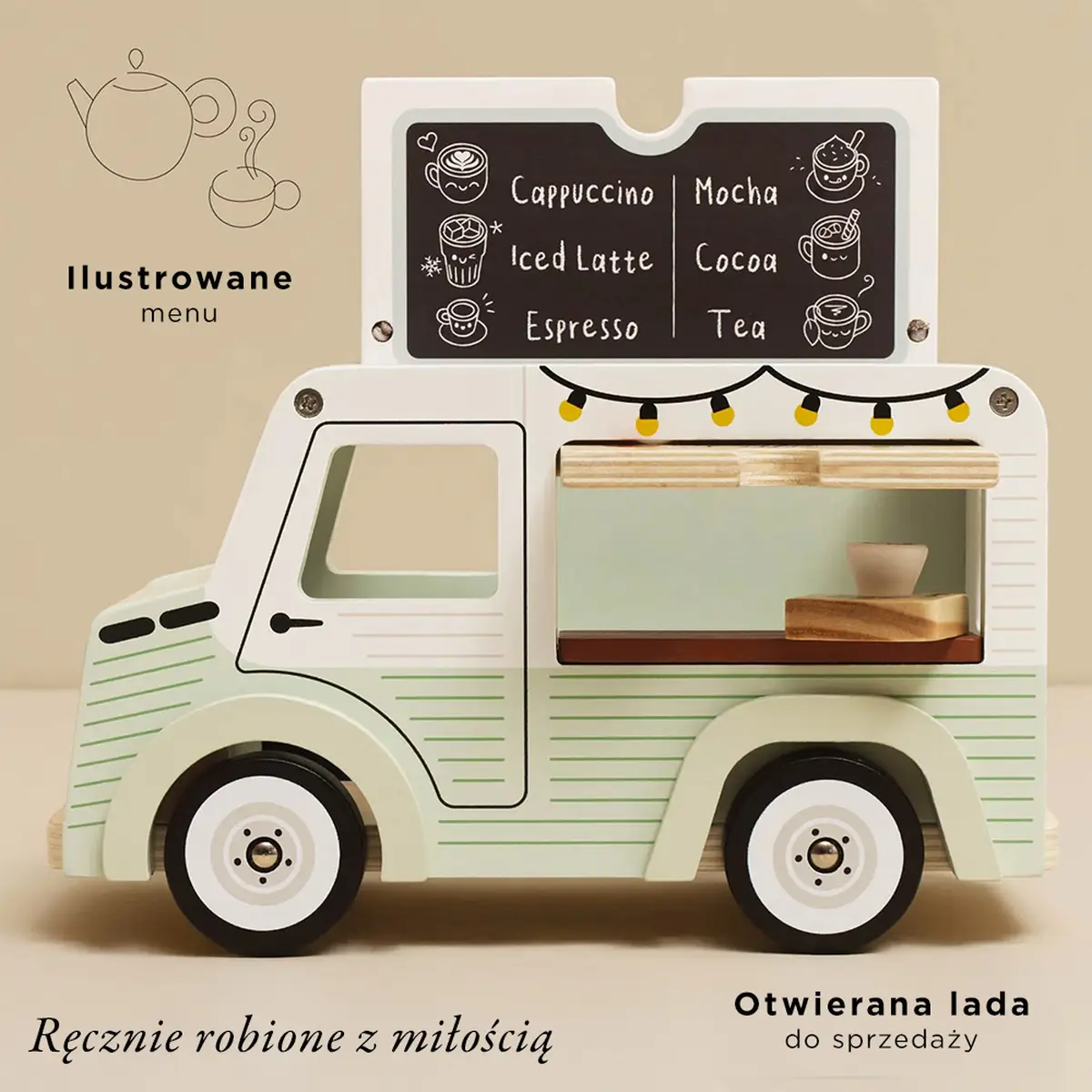 Drewniany samochód retro kawiarnia zabawka dla dzieci w kolorze białym z zielonymi paskami i ilustracją menu kawowego. Le Toy Van Drewniany samochód retro kawiarnia zabawka dla dzieci sklep kawa