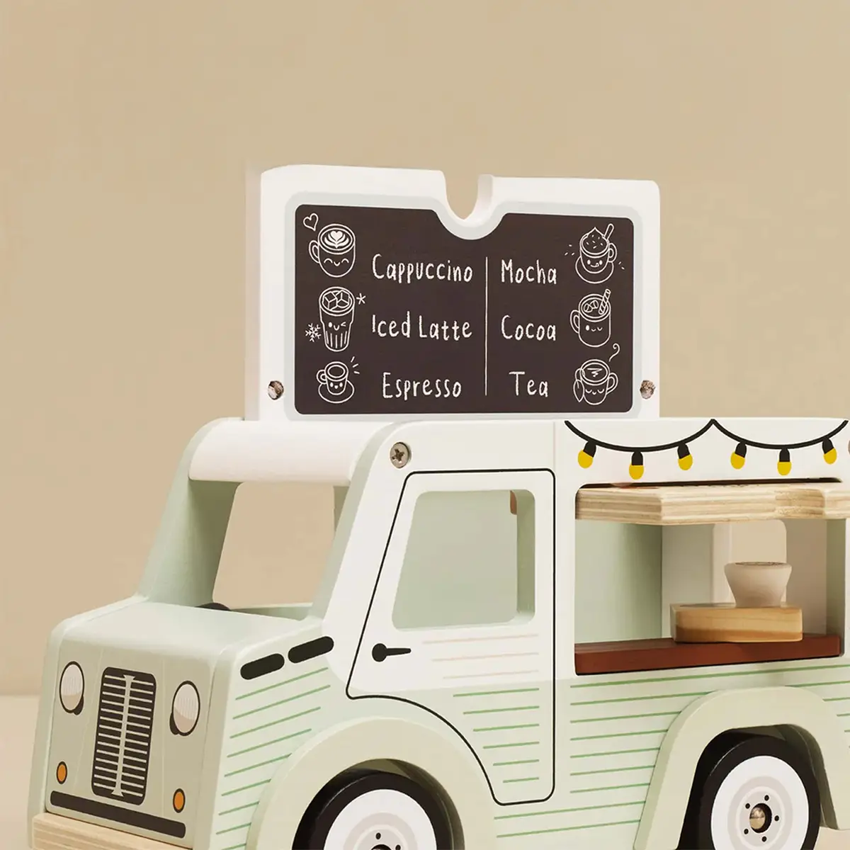 Drewniany biały samochód retro kawiarnia zabawka dla dzieci z tablicą menu i ekspressem do kawy. Le Toy Van Drewniany samochód retro kawiarnia zabawka dla dzieci sklep kawa
