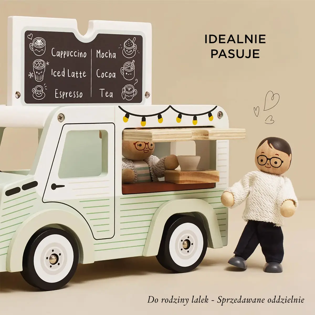 Drewniany biały samochód retro kawiarnia zabawka dla dzieci z figurkami klientów i menu kawowym na tablicy. Le Toy Van Drewniany samochód retro kawiarnia zabawka dla dzieci sklep kawa