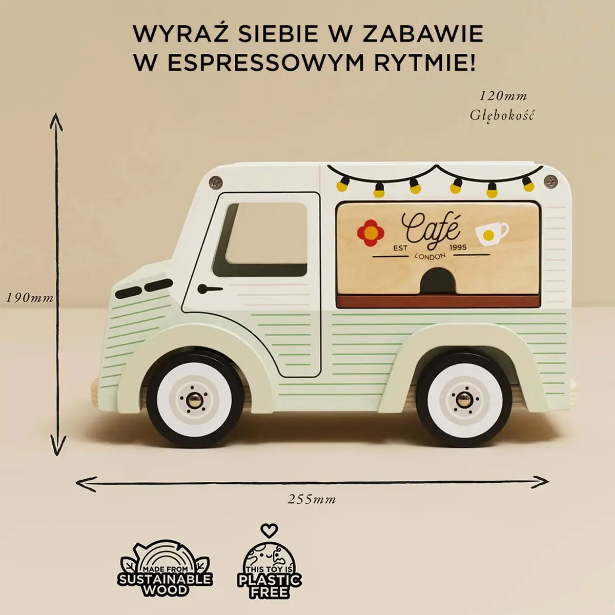 Drewniany samochód retro kawiarnia zabawka dla dzieci w kolorze miętowym z białymi kołami i dekoracją kawiarni na boku. Le Toy Van Drewniany samochód retro kawiarnia zabawka dla dzieci sklep kawa