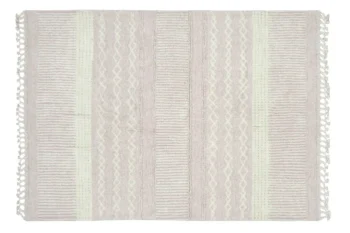 Wełniany dywan w jasnoróżowe i kremowe pasy z frędzlami po bokach 140x200cm. Lorena Canals Dywan wełniany Ari Rose 140x200cm