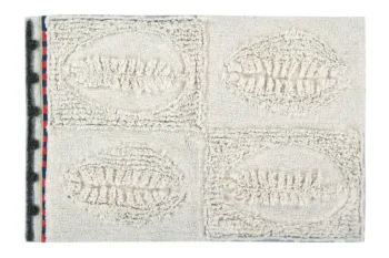 Wełniany dywan w jasnym kolorze z geometrycznym wzorem i kolorową lamówką 80x120 cm. Lorena Canals Dywan Wełniany Bahari 80x120cm