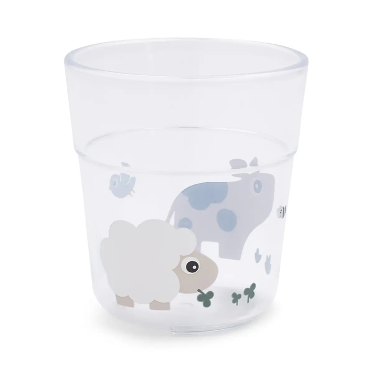 Przezroczysty kubek szklany dla dziecka z nadrukiem owcy i krowy 220 ml. Done by Deer Kubek dla Dziecka Glass L 220ml Tiny Farm Sand 220 ml