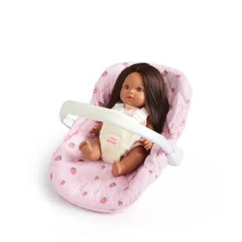 Fotelik samochodowy dla lalki różowy w truskawki z białym pałąkiem dla dziecka. Tiny Harlow fotelik samochodowy dla lalki Strawberry