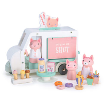 Drewniany wóz z mlecznymi koktajlami i lodami z figurkami kotów dla dzieci. Tender Leaf Toys Wóz z mlecznymi koktajlami i lodami rodzina Kitty