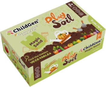 Opakowanie piasku kinetycznego z ilustracją warzyw i narzędzi ogrodniczych dla dzieci powyżej 3 lat. ChildGen Piasek kinetyczny Magiczna gleba z warzywami 100% naturalny 907g w pojemniku