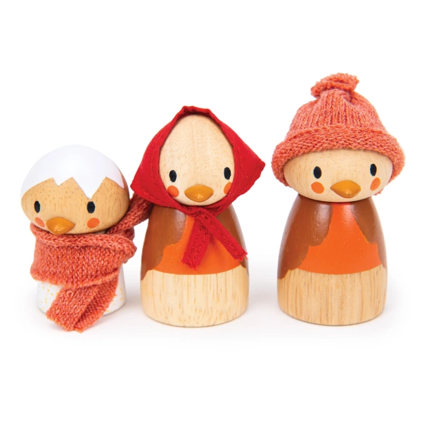 Drewniane figurki ptaków rodziny Robin z tkaninowymi dodatkami dla dzieci. Tender Leaf Toys Gniazdko rodziny Robin