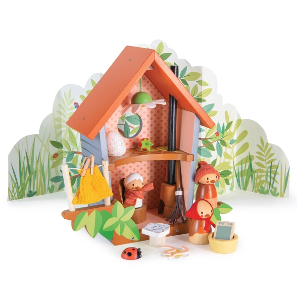 Drewniany domek dla ptaków z figurkami zwierząt i akcesoriami w kolorze pomarańczowym i zielonym dla dzieci. Tender Leaf Toys Gniazdko rodziny Robin