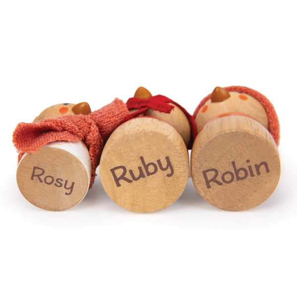 Drewniane figurki ptaków rodziny Robin z imionami na spodzie dla dzieci. Tender Leaf Toys Gniazdko rodziny Robin