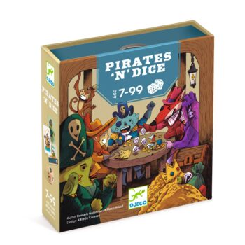 Gra planszowa piraci z kośćmi pudełko z kolorową ilustracją postaci piratów siedzących przy stole z kośćmi dla dzieci od 7 lat. Djeco Gra planszowa PIRATES 'N’ DICE