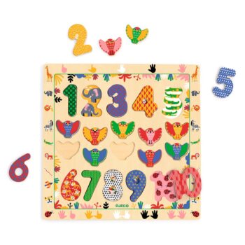 Drewniane puzzle edukacyjne z liczbami od 1 do 10 kolorowe dla dzieci. Djeco Drewniane puzzle LICZBY 1-10