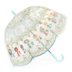 Przezroczysty parasol dziecięcy z kolorowymi wzorami laleczek na białym tle z niebieską rączką dla dziecka. Djeco Parasol przeciwdeszczowy LALECZKI TINYLY