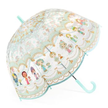Przezroczysty parasol dziecięcy z kolorowymi wzorami laleczek na białym tle z niebieską rączką dla dziecka. Djeco Parasol przeciwdeszczowy LALECZKI TINYLY