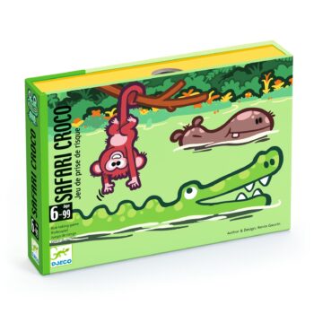 Gra karciana safari z ilustracjami krokodyla małpy i hipopotama dla dzieci od 6 lat. Djeco Gra karciana SAFARI CROCO