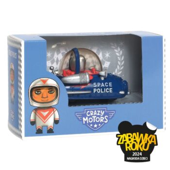Niebieskie zabawkowe autko kosmiczne z napisem space police w opakowaniu dla dziecka. Djeco Autko CRAZY MOTORS SPACE POLICE