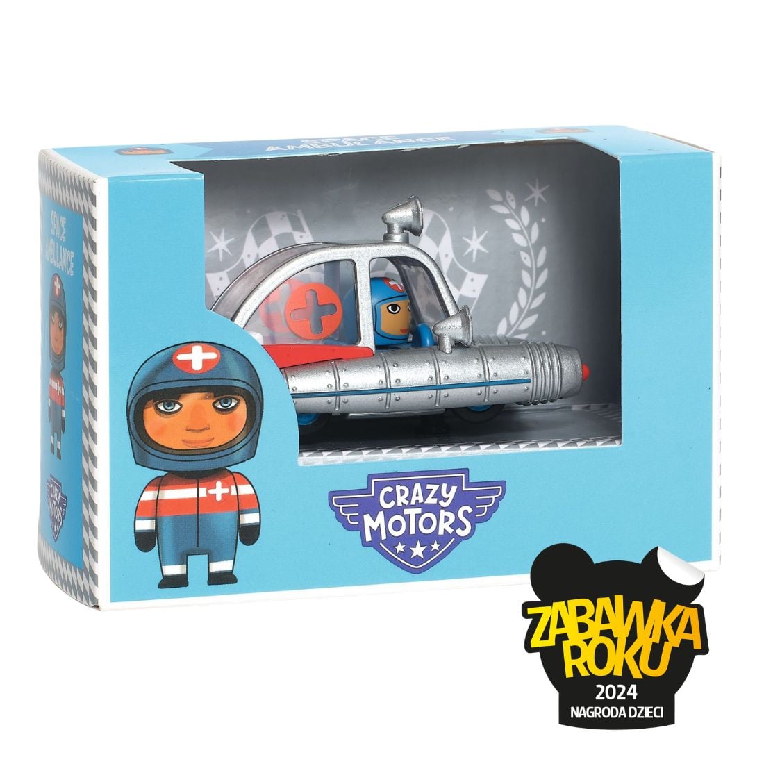 Metaliczne srebrne autko kosmiczne ambulans z figurką kierowcy dla dziecka. Djeco Autko CRAZY MOTORS SPACE AMBULANCE
