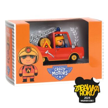 Czerwony plastikowy wóz strażacki zabawka dla dziecka z figurką kierowcy w hełmie. Djeco Autko CRAZY MOTORS LITTLE FIRE TRUCK