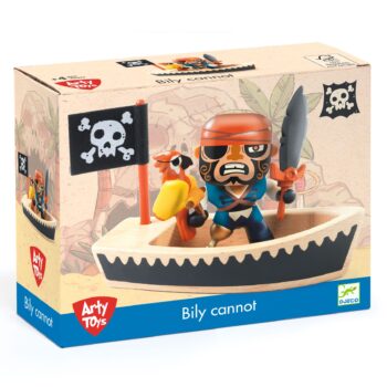 Drewniana figurka pirata z łódką i papugą dla dziecka. Djeco Figurka Arty Toys Billy Cannot z łódką