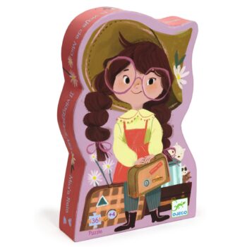 Pudełko puzzli tekturowych z ilustracją dziewczynki w kapeluszu trzymającej walizkę dla dzieci 36 elementów. Djeco Puzzle tekturowe MIA W PODRÓŻY 36el