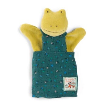 Pacynka żabka żółta z zielonym ubrankiem dla dziecka. Moulin Roty Pacynka żabka Perlette 25cm