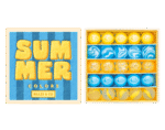 Szklane kulki w kolorach lata, w opakowaniu z napisem "SUMMER COLORS", zawierające różne odcienie niebieskiego i żółtego oraz wzory. Billes&Co Szklane kulki KOLORY LATA SŁOŃCE