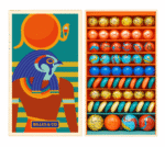 Szklane kulki w różnych kolorach i wzorach, opakowane w estetyczne pudełko z grafiką przedstawiającą postać w stylu egipskim. Billes&Co Szklane kulki HORUS