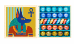 szklane kulki w różnych kolorach i wzorach, opakowanie z grafiką przedstawiającą postać Anubisa, zestaw do zabawy dla dzieci. Billes&Co Szklane kulki ANUBIS