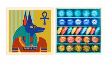 szklane kulki w różnych kolorach i wzorach, opakowanie z grafiką przedstawiającą postać Anubisa, zestaw do zabawy dla dzieci. Billes&Co Szklane kulki ANUBIS
