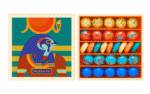 szklane kulki w różnych kolorach i wzorach, opakowanie z grafiką przedstawiającą egipskiego boga Horusa. Billes&Co Szklane kulki HORUS