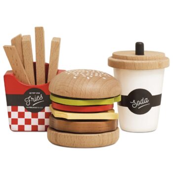 Drewniany zestaw zabawkowy hamburger frytki napój dla dzieci. Le Toy Van Drewniany zestaw 3w1 hamburger frytki napój zabawka dla dzieci