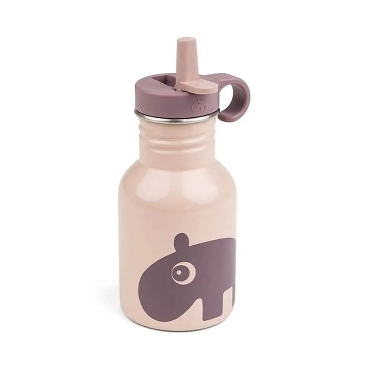 Butelka metalowa ze słomką dla dziecka w kolorze pudrowym z grafiką hipopotama, pojemność 350 ml. Done by Deer Butelka Metalowa ze Słomką dla Dziecka Ozzo Powder 350 ml