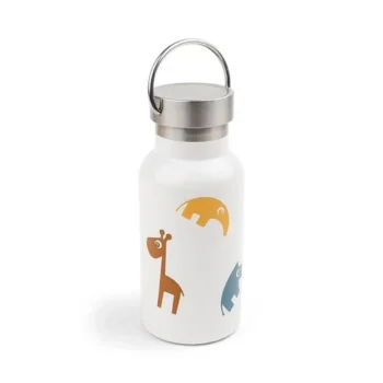 Butelka termiczna dla dziecka w kolorze białym z kolorowymi zwierzęcymi wzorami, pojemność 350 ml, metalowa nakrętka z uchwytem. Done by Deer Butelka Termiczna dla Dziecka Friends Colour Mix 350 ml