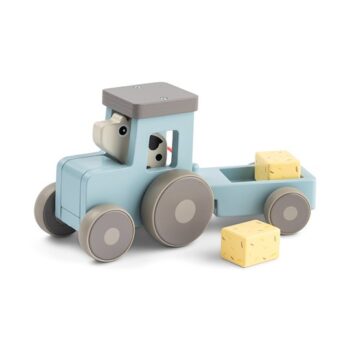 Drewniany niebieski traktor z przyczepą i figurką krowy dla dziecka. Done by Deer Drewniany Traktor z Krówką Dotti Tiny Farm