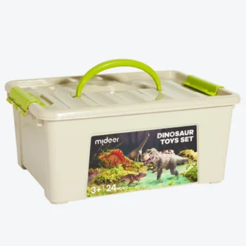 plastikowe pudełko z zieloną rączką i zamknięciem, na etykiecie ilustracje dinozaurów dla dziecka. mideer Zestaw figurek – dinozaury (24)
