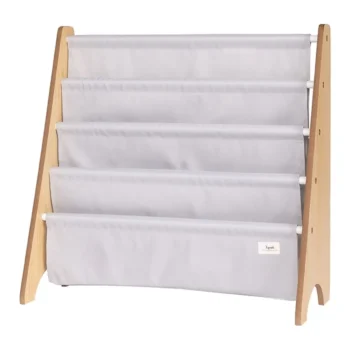 Stojak na książki z jasnoszarymi materiałowymi kieszeniami i drewnianą ramą dla dzieci. 3 Sprouts Stojak na Książki Recycled Solid Light Gray