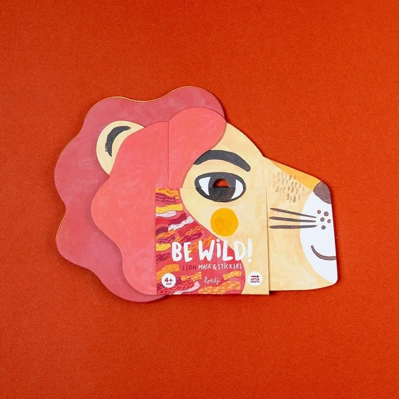 Papierowa maska lwa do samodzielnego złożenia dla dziecka z kolorową grzywą i nadrukiem be wild. Londji Maska Be Wild! Lew